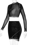 Black Sexy Patchwork See-through Half A Turtleneck Long Sleeve Two Pieces