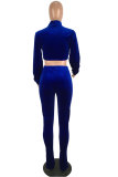 Blue Polyester Drawstring Long Sleeve Mid Solid Pants Two-piece suit