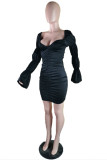 Black Sexy Solid Fold V Neck Pencil Skirt Dresses