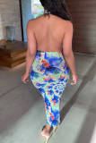 Blue Fashion Sexy Print Tie Dye Hollowed Out Backless Halter Sleeveless Dress