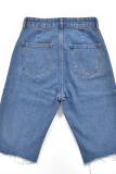 Baby Blue Casual Solid Tassel Mid Waist Straight Denim Shorts