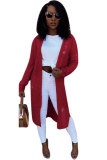 Maroon Cotton cardigan Long Sleeve HOLLOWED OUT Patchwork Split