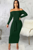 Wine Red Polyester Sexy Off The Shoulder Long Sleeves One word collar Swagger Ankle-Length Solid Patchwork L