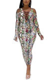 multicolor Sexy Europe and America Off The Shoulder Long Sleeves V Neck Pencil Dress skirt Print Dresses