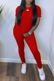 Red Casual Solid Patchwork O Neck Short Sleeve Two Pieces