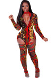 Red Sexy Print Two Piece Suits serpentine pencil Long Sleeve