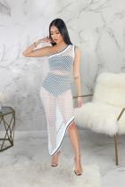 White Polyester Fashion Sexy One Shoulder Sleeveless one shoulder collar Asymmetrical Knee-Length hollow o
