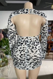 Black Sexy Square Collar Leopard Print Split backless Flare sleeve Plus Size
