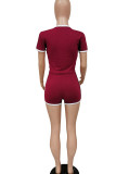 Wine Red Cotton Fashion Casual Patchwork Solid Two Piece Suits Straight Short Sleeve Two Pieces