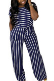 Red Fashion Casual Print Striped Patchwork bandage Polyester Short Sleeve O Neck Jumpsuits