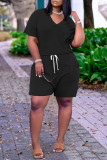 Black Fashion Casual Solid Basic V Neck Short Sleeve Two Pieces