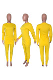 Yellow Fashion Daily Adult Solid Patchwork O Neck Long Sleeve Regular Sleeve Regular Two Pieces