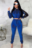 Grey Velvet Drawstring Long Sleeve Mid Patchwork Sequin Print Straight Pants Two-piece suit
