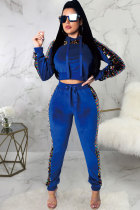 Blue Velvet Drawstring Long Sleeve Mid Patchwork Sequin Print Straight Pants Two-piece suit