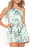 Yellow Fashion Sexy Print Hollowed Out Backless Halter Regular Romper