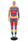 Blue Polyester adult Fashion Casual Print Two Piece Suits Gradient contrast color pencil Long Sleeve