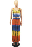 Yellow Sexy Casual Print Tie Dye Backless Square Collar Sleeveless Two Pieces