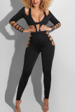 Black Sexy Solid Hollowed Out Skinny Jumpsuits