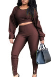 Coffee Street Solid Hollowed Out Patchwork O Neck Long Sleeve Hubble-Bubble Sleeve Short Two Pieces