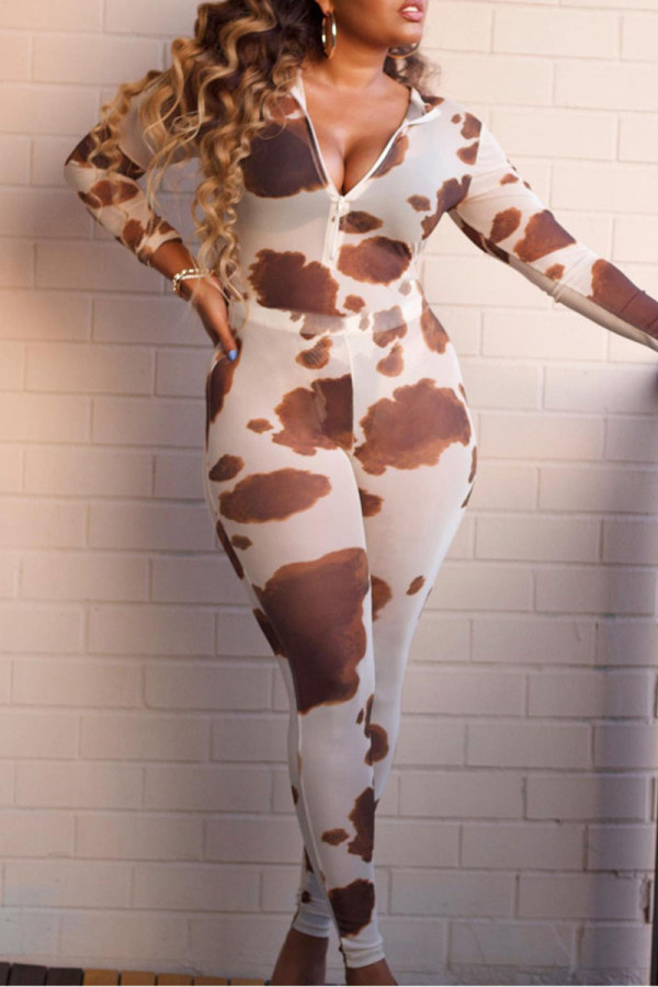 Khaki Sexy Casual Print O Neck Regular Jumpsuits