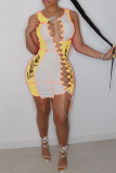 Yellow Sexy Patchwork Hollowed Out V Neck Pencil Skirt Dresses
