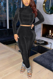 Black Sexy Solid O Neck Long Sleeve Two Pieces