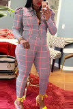 Blue venetian Fashion Casual adult Ma'am Plaid Two Piece Suits pencil Long Sleeve Two Pieces
