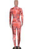 rose red Sexy zipper letter Print Polyester Long Sleeve O Neck Jumpsuits