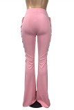 Pink Fashion Casual Solid Hollowed Out Strap Design Boot Cut Mid Waist Trousers