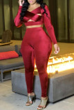 Wine Red Fashion Sexy Solid Hollowed Out V Neck Long Sleeve Two Pieces
