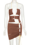 Brown Fashion Sexy Solid Hollowed Out Backless Halter Sling Dress