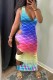 Sky Blue Fashion Sexy Print Hollowed Out V Neck Vest Dress Dresses