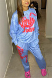 Grey Fashion Casual Letter Print Basic O Neck Long Sleeve Two Pieces