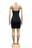 Black Fashion Sexy Patchwork Hollowed Out See-through Square Collar Sling Dress