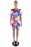 Purple Fashion Casual Print Basic O Neck Short Sleeve Two Pieces