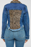 Light Blue Fashion Casual Leopard Patchwork Turndown Collar Long Sleeve Regular Denim Coats