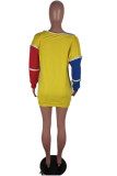 Yellow Casual Polyester Print Split Joint O Neck Long Sleeve Dresses