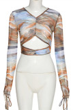 Green Fashion Sexy Print Hollowed Out See-through V Neck Tops