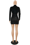 Red Sexy Patchwork Sequins Mesh Turtleneck Wrapped Skirt Dresses