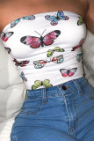 White Wrapped chest Sleeveless Patchwork Print backless Tops