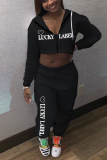 Blue Sportswear Print Letter Hooded Collar Long Sleeve Two Pieces