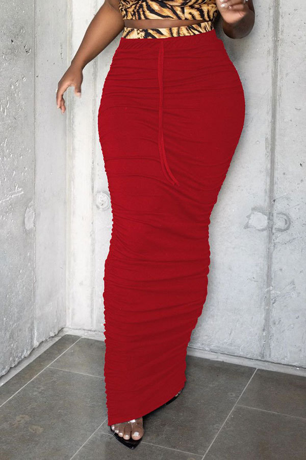 Red Black Grey Polyester Drawstring Sleeveless High Patchwork Solid bandage A-line skirt Pants Bottoms