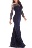 Blue Fashion Long Sleeves O neck Slim Dress Floor-Length Patchwork