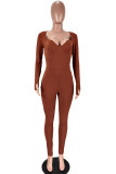 Brown Work Daily Solid Hollowed Out U Neck Regular Jumpsuits