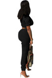 Black Polyester Zipper Fly Short Sleeve Solid pencil Pants Two-piece suit