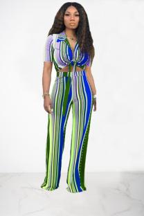 Blue Polyester Sexy Fashion Bandage Two Piece Suits asymmetrical Striped crop top Skinny Short Sleeve Tw