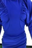 Blue adult Casual Fashion lantern sleeve Long Sleeves Mandarin Collar Asymmetrical Mini Solid P