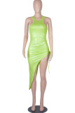 Fluorescent Green Sexy Solid Patchwork O Neck Irregular Dress Dresses