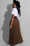 White Lightly cooked Leopard Two Piece Suits Print Pleated skirt Short Sleeve