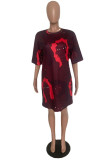 Red Fashion Casual Print Basic O Neck T-shirt Dress